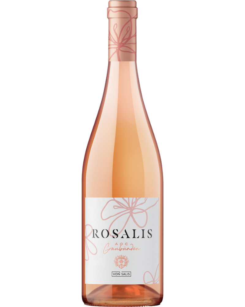 Roséwein von Salis Rosalís 2025 AOC GR in einer Weinglas, hellrosafarbene Farbe, stilvolle Weinpräsentation.