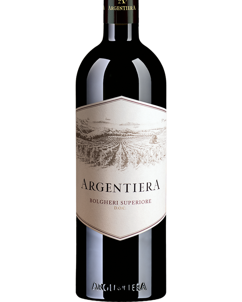 Argentiera 2022 Bolgheri Superiore Rotwein in Flasche, dunkle Farbe, elegante Weinflasche mit Etikett, hochwertige italienische Weinqualität