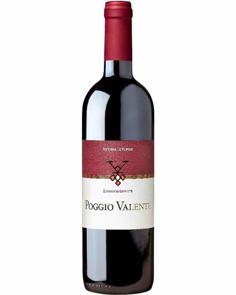 Glas Rotwein Poggio Valente IGT Toscana 2022 von Fattoria Le Pupille in einer eleganten Weinflasche.