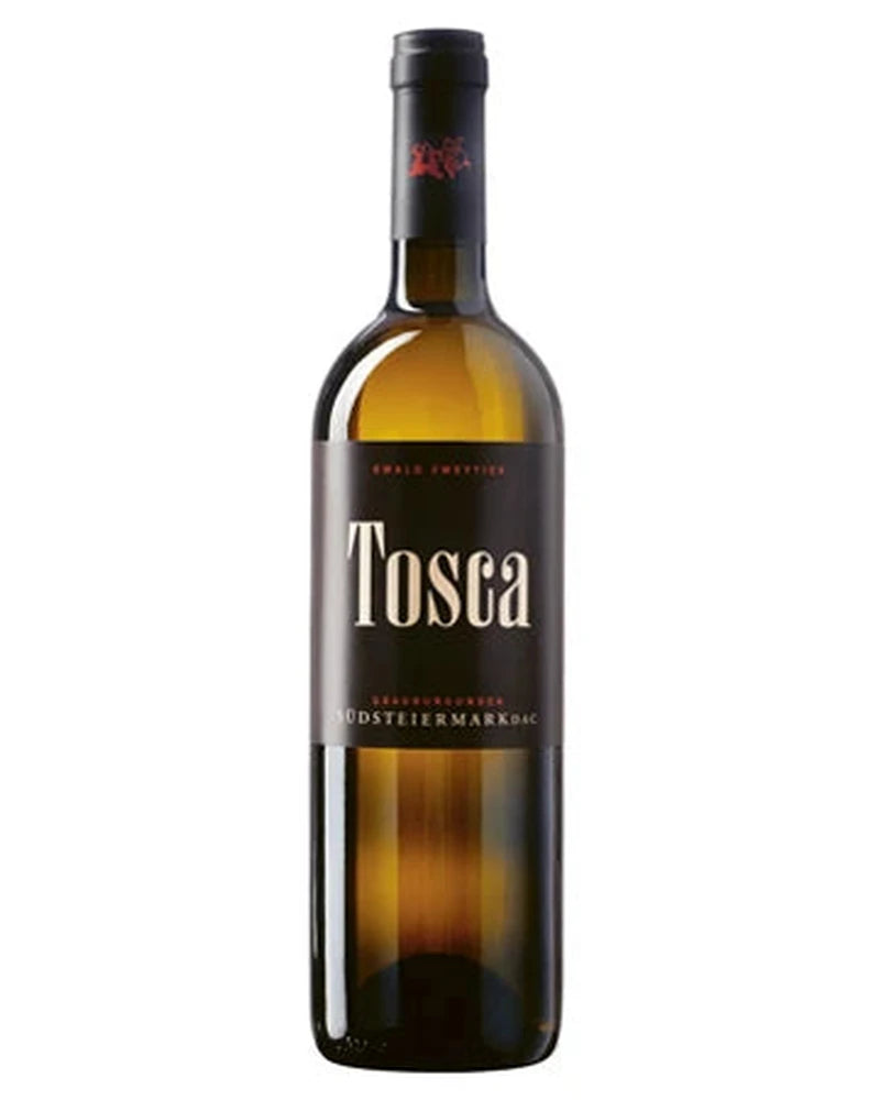 Helles Weisswein Glas mit Tosca Grauburgunder 2021 von Ewald Zweytick, im Weinglas auf einem Holztisch, Nahaufnahme.