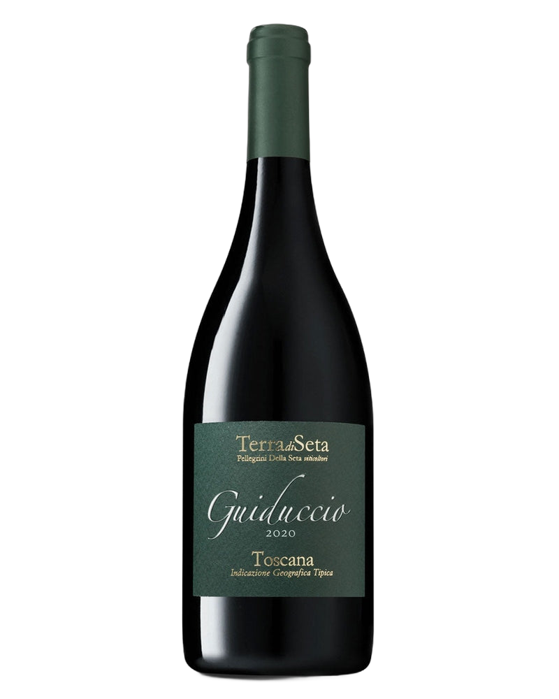 Rotwein GUIDUCCIO IGT Toscana Bio 2020 von Casa di Terra in einer Flasche mit Weinetikett und dunkler Glasflasche.