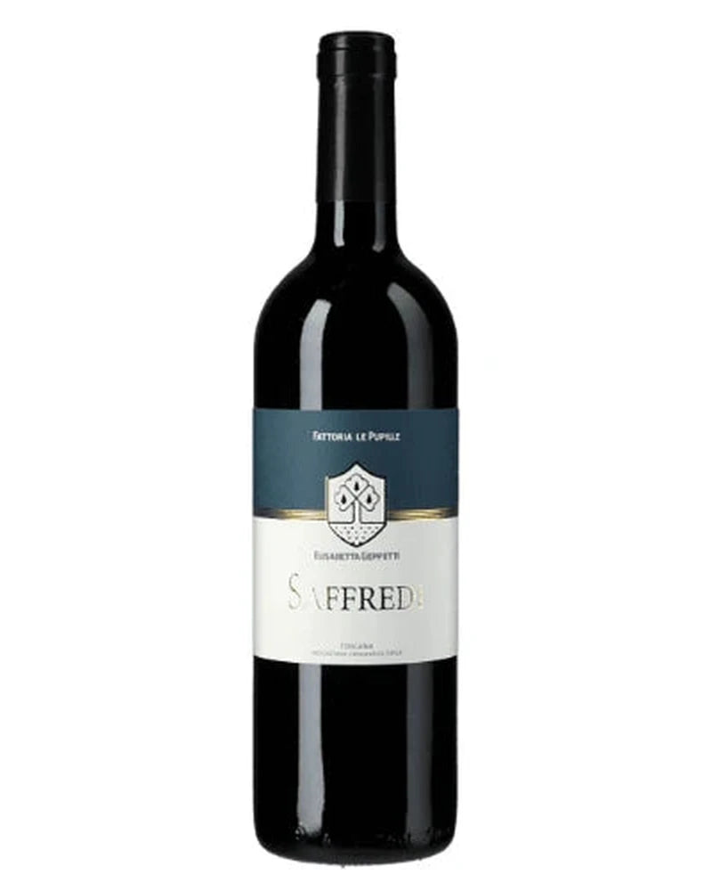 Rubinroter Saffredi IGT Toscana Rotwein von Fattoria Le Pupille in einer Flasche, edle Weinflasche mit eleganter Gestaltung.
