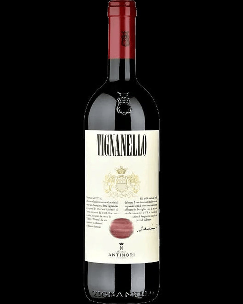 Tignanello Toscana IGT 2020 Rotwein von Tenuta Tignanello in einer Flasche, dunkle Rotweinfarbe, elegantes Weindesign