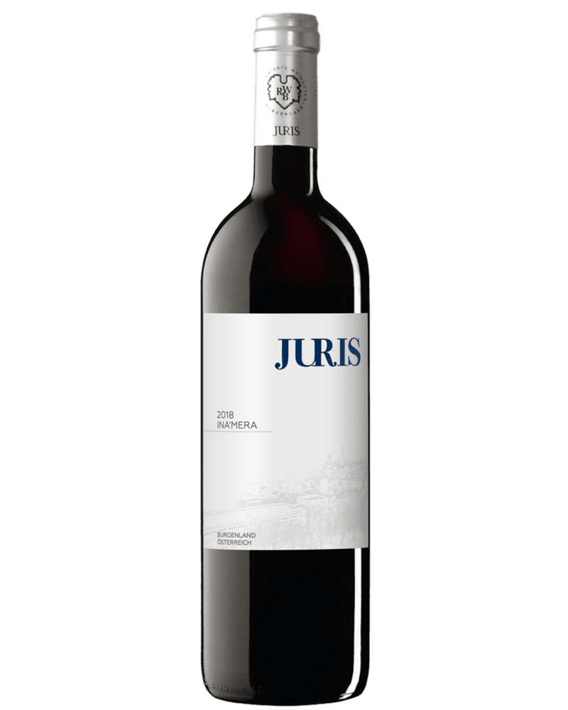 Rotwein Ina'mera Réserve 2018 von Weingut Juris in 0,75 l Flasche, dunkle Weinfarbe und elegantes Weinglas sichtbar
