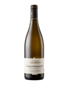 Flasche Chablis 1er Cru 2023 Weißwein von Domaine Colbois, elegant Wein im Glas, mit Etikett und Weinglas.