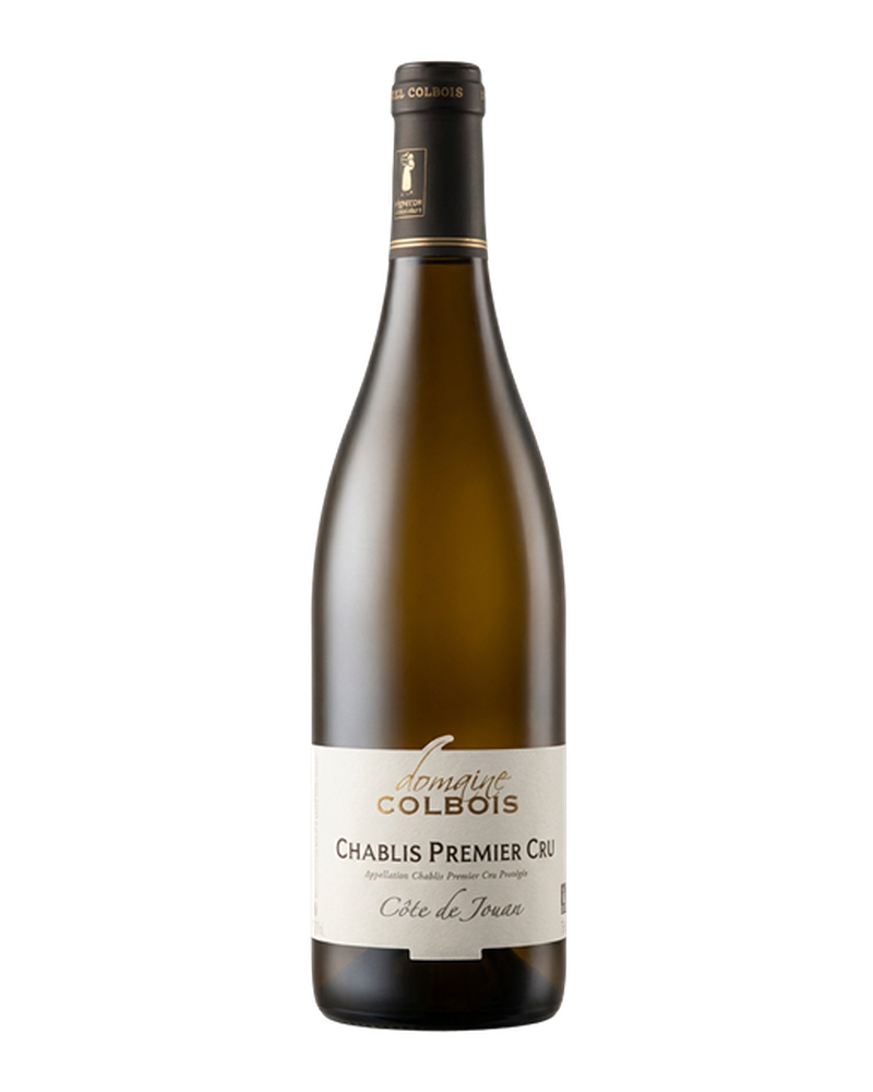 Flasche Chablis 1er Cru 2023 Weißwein von Domaine Colbois, elegant Wein im Glas, mit Etikett und Weinglas.