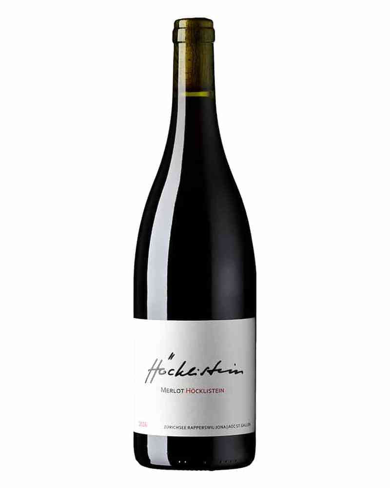 Höcklistein Merlot 2021 Rotwein aus Zürichsee AOC St. Gallen, Weinflasche mit Etikett, elegantes Design, Nahaufnahme