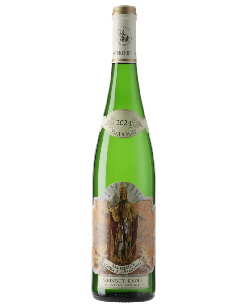 Grüner Veltliner Ried Kreutles SMARAGD 2024, Weißwein von Emerich Knoll, zeigt goldene Farbe und elegante Flasche.