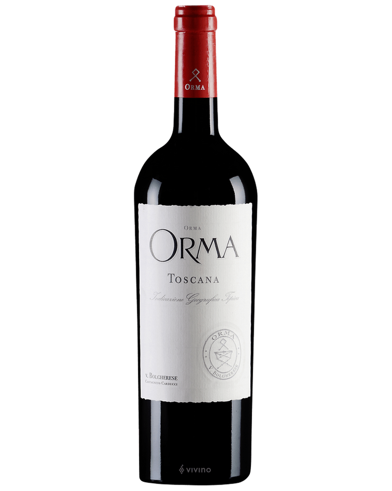 Roter Wein Orma 2023 von Podere Orma, Weinflasche mit elegantem Etikett, auf weißem Hintergrund fotografiert