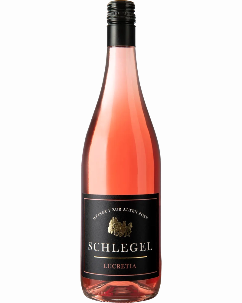 Roséwein Georg Schlegel Schiller 2024 Lucretia AOC mit rosafarbener Farbe und eleganter Flasche, Nahaufnahme