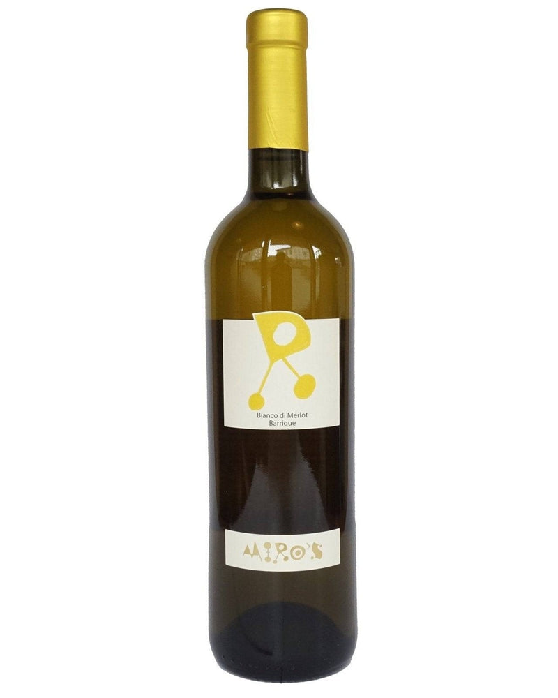 Miros Weisswein R BIANCO DI MERLOT BARRICATO TI DOC 2023 in einem Weinglas, hellgelbe Farbe, eleganter Wein.