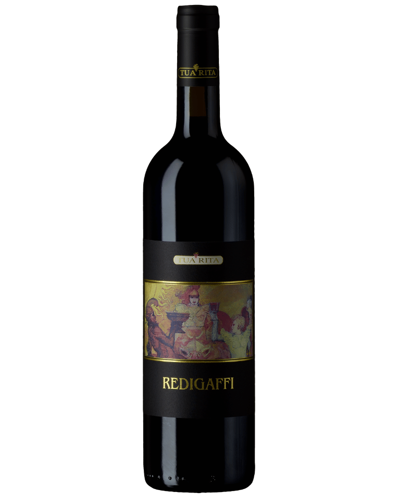 Tua Rita Redigaffi IGT Toscana 2018 Rotwein in einem Glas, dunkle Rotweinfarbe, elegantes Weinaroma sichtbar im Bild.